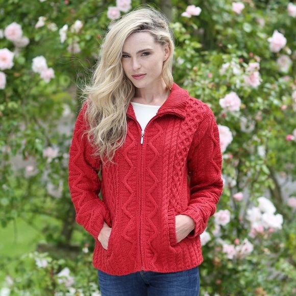 Aran Crafts Sweaters - ARAN Sweater Works 100% Wool Made in Ireland Sweater Cardigan Cable Knit red zip